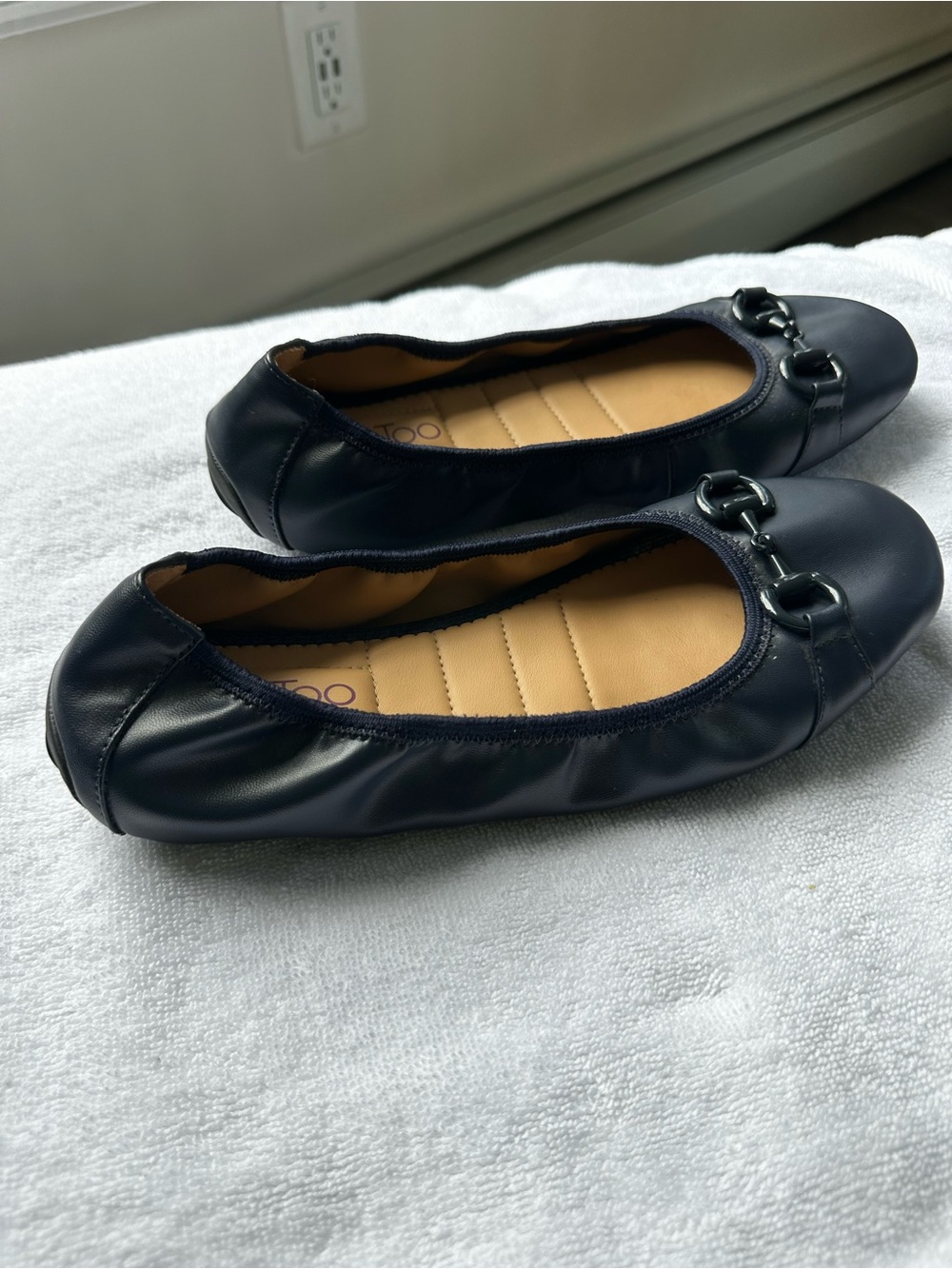 me too Navy Leather Ballet Flats with Horsebit Accent